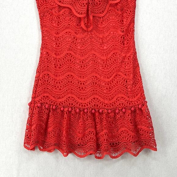 SAYLOR Crochet Lace Short Fern Dress Womens Medium Orange Sleeveless Ruffle Mini - Picture 9 of 16